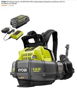 RYOBI 40V Whisper Series 145 MPH 625 CFM Cordless Battery Backpack Leaf Blower with 5.0 Ah Battery and Charger. See Pictures