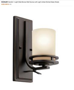 (2) KICHLER Hendrik 1-Light Olde Bronze Wall Sconce with Light Umber Etched Glass Shade. See Pictures