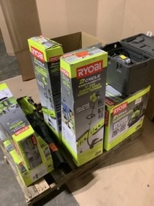 Pallet of RYOBI 18 in. Gas Trimmers, Gas Backpack Blowers, Gas Chainsaw & Jet Fan Blowers. Various Conditions. See Pictures