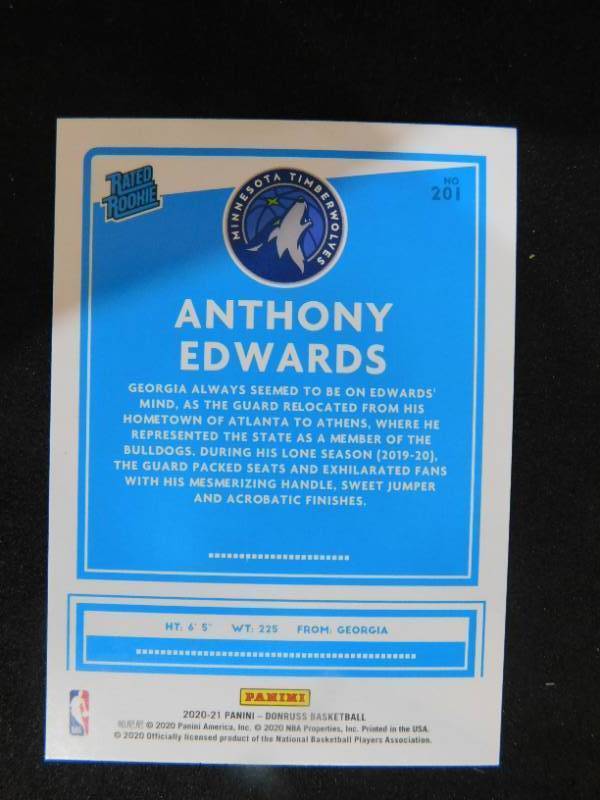 lot 140 image: 2020-21 Donruss Rated Rookie Anthony Edwards Rookie Card #201