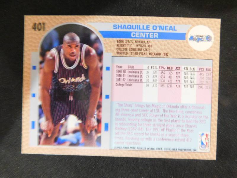 lot 227 image: 1992-93 Fleer Shaquille ONeal Rookie Card #401