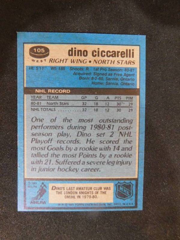 lot 230 image: 1981-82 Topps Dino Ciccarelli Rookie Card #105 LK