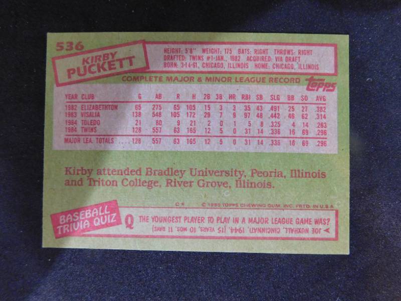 lot 92 image: 1985 Topps Kirby Puckett Rookie Card #536 HOFer LK
