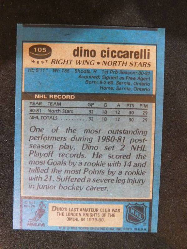 lot 93 image: 1981-82 Topps Dino Ciccarelli Rookie Card #105 LK