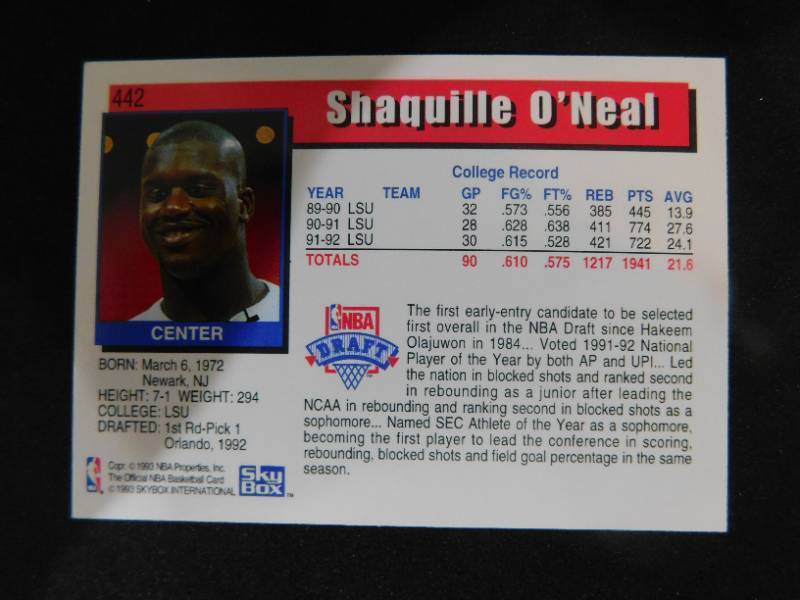 lot 94 image: 1992-93 NBA Hoops Shaquille ONeal Rookie Card #442 HOFer LK