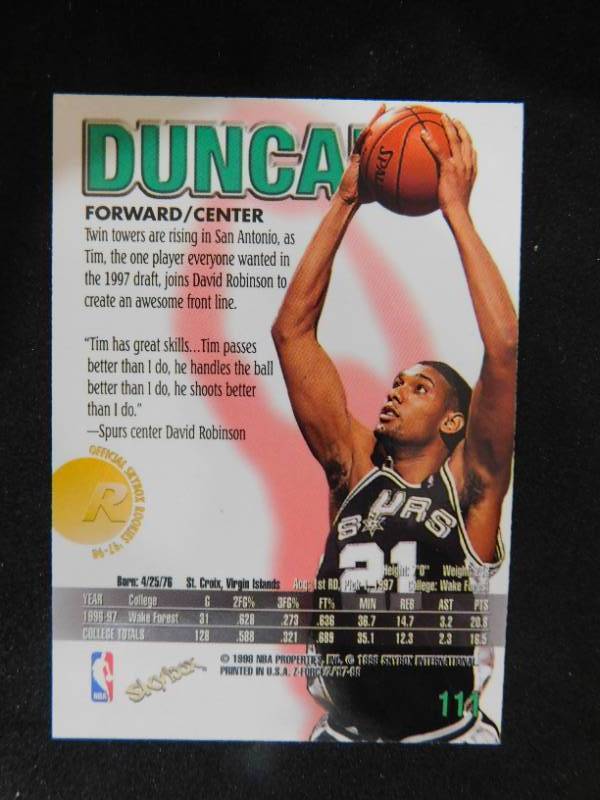 lot 96 image: 1997-98 Skybox Z Force Tim Duncan Rookie Card #111 HOFer LK