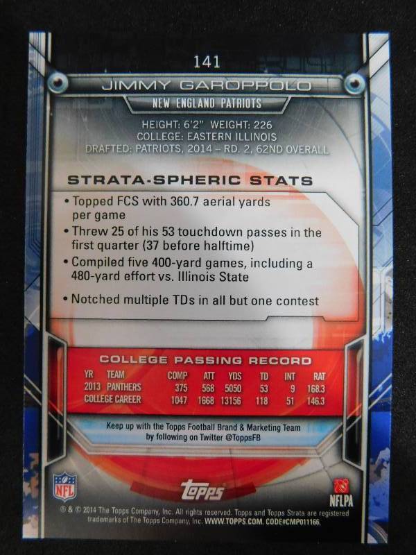 lot 114 image: 2014 Topps Strata Jimmy Garoppolo Rookie Card #141