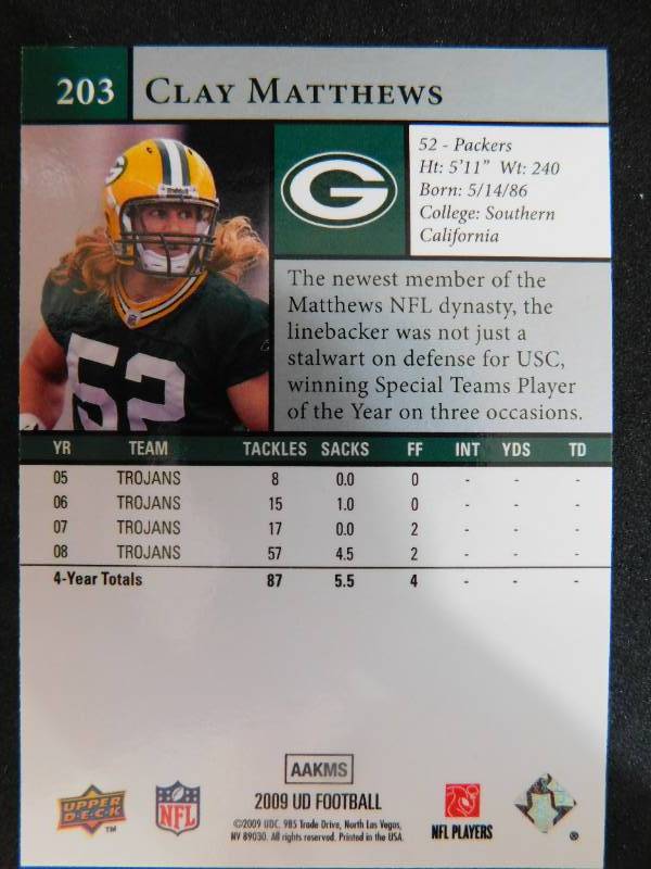 lot 115 image: 2009 Upper Deck Clay Matthews Rookie Card #203
