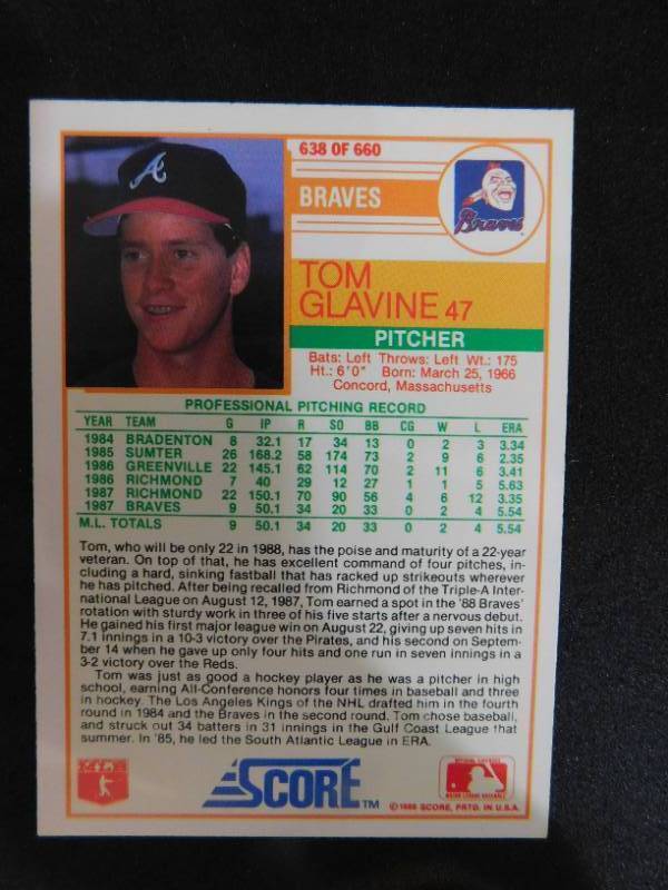 lot 47 image: 1988 Score Tom Glavine Rookie card #638