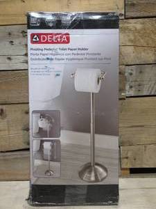 lot 50 image: Delta Greenwich Telescoping Pivoting Free-Standing Toilet Paper Holder in SpotShield Brushed Nickel