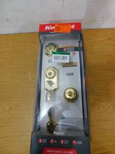 Kwikset Montara Polished Brass Single Cylinder Door Handleset with Juno Entry Door Knob Featuring SmartKey Security