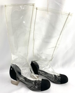 lot 1 image: Chanel 2018 Waterfall Cap-Toe PVCGrosgrain Tall Boots & Bag- Clear- Made in Italy