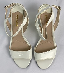 lot 8 image: PRADA Cream Patent Leather Wedge Sling-Back Strappy Open Toe Sandal - Size 39.5