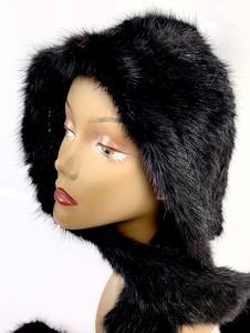lot 16 image: Dramatic Black Knit Real Fur Scarf w Hood and Fur Tassels