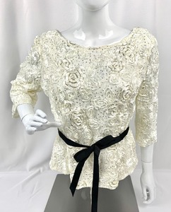 lot 44 image: Elegant Textured IvorySequin Satin Blouse w Black Grosgrain Tie by Alex Evenings - Size XL