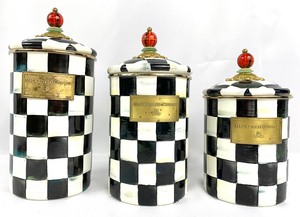 lot 24 image: MacKenzie-Childs Courtly Check Enamel Canisters - Set of Three