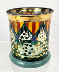lot 33 image: MacKenzie-Childs Handblown, Hand-Painted Circus Pennant Tumbler and Gift Box