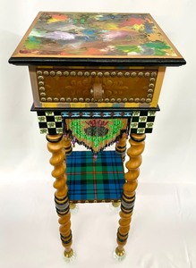 lot 37 image: RETIRED MacKenzie-ChildsTeeny Table w Hand-Beaded Glass Fringe, Glass Door Knob Feet, Painterly Table Top
