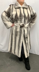 lot 21 image: Mailon White, Black & Grey Stripe Real Fox Fur Coat w Belt - 34 Length - Estimated Size XL-XXL