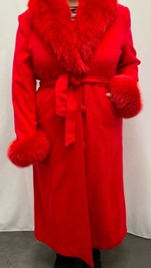 lot 48 image: Gorgeous Red Cashmere Belted Coat w Thick Fur Collar and Cuffs - Approx. size XXL