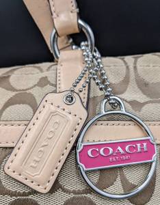 lot 133 image: Coach Signature Stripe Canvas Shoulder Bag with Berry Pink Band