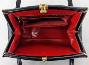 lot 135 image: Vintage French DOFAN Black Leather Handbag with Red Interior - So Chic