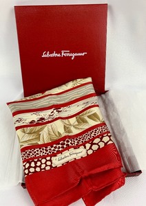 lot 59 image: Salvatore Ferragamo Red 100% Silk Scarf in Original Box