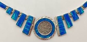 lot 65 image: Stunning BlueGreen Fire Opal Sterling Necklace with Mayan Sun Calendar Pendant