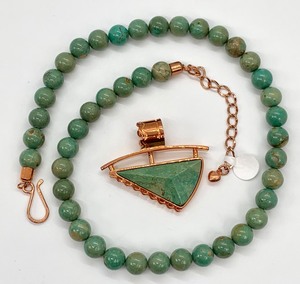 lot 66 image: Contemporary Turquoise Bead Necklace - Cabochon Pendant and Copper-Tone Accents
