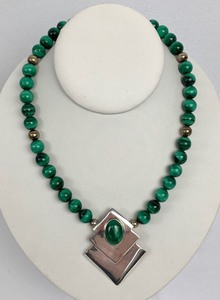 lot 87 image: Two Vintage Necklaces- Malachite wSterling and Tigers Eye, and a Malachite Heart Pendant