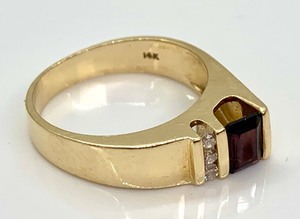 lot 88 image: Contemporary 14K Gold Ring w Octagon Cut Red Stone and 3 Channel Set Diamonds - Size 7.25