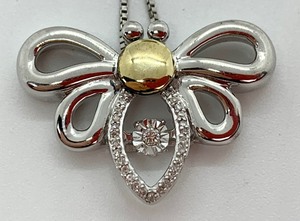 lot 96 image: New 10K & Sterling Silver Diamond Bee Pendant Necklace