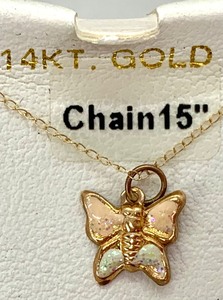 lot 98 image: Childs 14K Gold Butterfly Necklace and 14K Gold Cultured Pink Pearl Earrings
