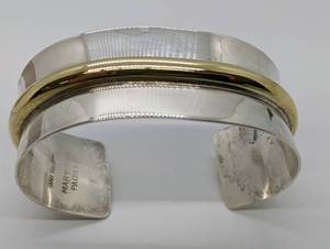 lot 76 image: Vintage Mary-Rita Padilla Navajo Sterling Silver & Gold Cuff Bracelet