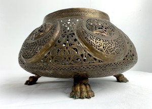 lot 47 image: Antique Middle East Ornate Brass Vessel with Cut Out Moon & Star Motif and Patina - Unique