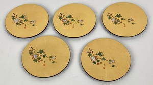 lot 205 image: Vintage Set of Five Japanese Gold Foil Lacquer Appetizer Plates in Original Box