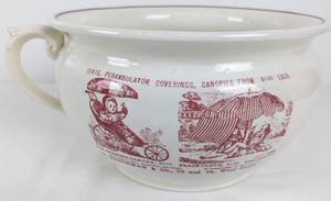 lot 81 image: Antique English Ceramic Chamber Pot with London Ads - Aspinalls  W. Hatchman