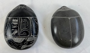 lot 158 image: Vintage Ancient Wonders Stone Scarab Carvings and Metal Pyramid