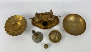 lot 210 image: Vintage Collection of Brass Items - Handmade Aftaba Pitchers and Tray, Bowls, Bells and More