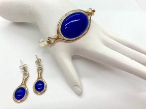 lot 123 image: Large Lapis Lazuli Stone Bracelet and Matching Earrings in Sterling Silver w 14K, By JH Breakell