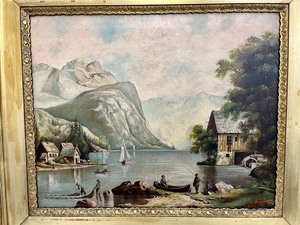 lot 192 image: Antique 19th Century Ornately Framed Original Oil Painting - Waterfront Village Scene- Signed