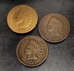3 INDIAN HEAD CENTS 1880 1892 1897
