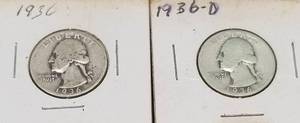 2 SILVER WASHINGTON QUARTERS 1936 1936-D