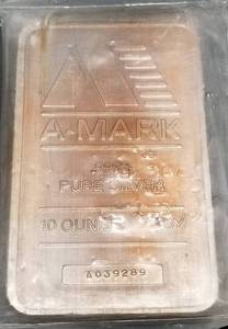 10 TROY OZ .999 FINE SILVER BAR VINTAGE A-MARK