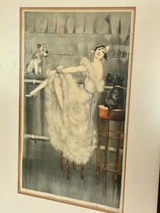 lot 2 image: Framed Icart  Lady Dogs Fox Scottish Terrier Au Bar Art Deco