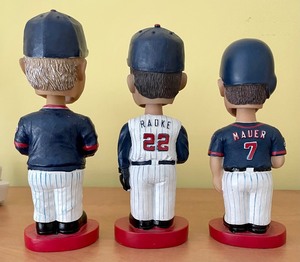 lot 113 image: 3 Minnesota Twins Baseball Bobbleheads - Ron Gardenhire, Brad Radke and Joe Mauer.