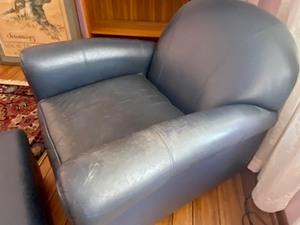 lot 98 image: Navy Blue Leather Chair and Ottoman