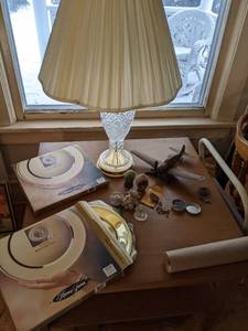 lot 84 image: Crystal lamp, plastic airplane, kni...