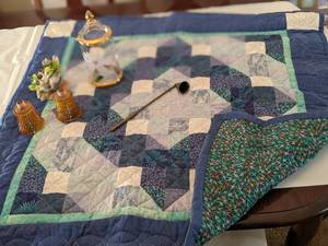 lot 102 image: Hanging quilt art, glass candy jar,...