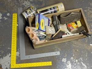 lot 16 image: Drawer of misc tools, 2 framing squ...